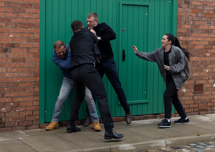 03_11_coro_adam_daniel_05 Tyrone and Amy break up a fight between Daniel and Adam in a scene from Coronation Street