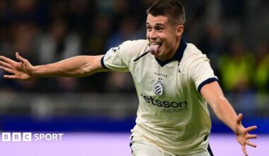 Club Brugge forward Nicolo Tresoldi celebrating scoring at Inter Milan in the Champions League