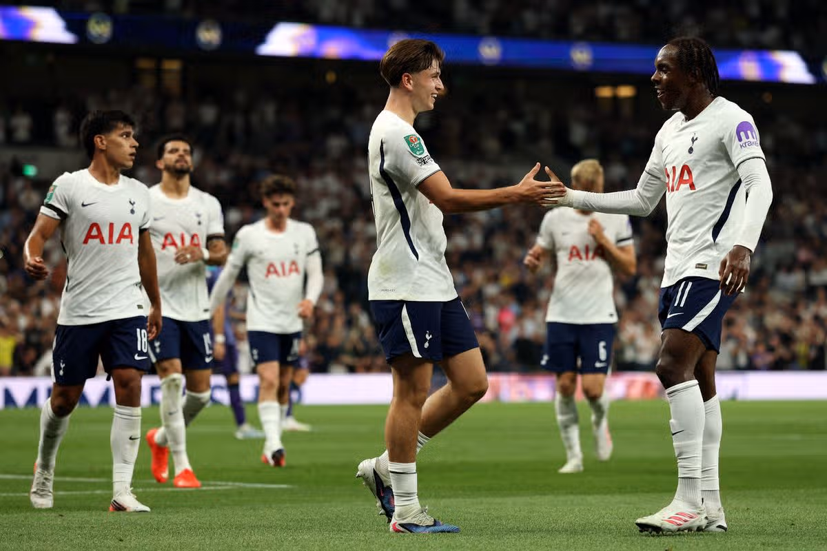 Tottenham Hotspur forward Mathys Tel, far right, has scored a couple of important goals on international duty with France under-21s