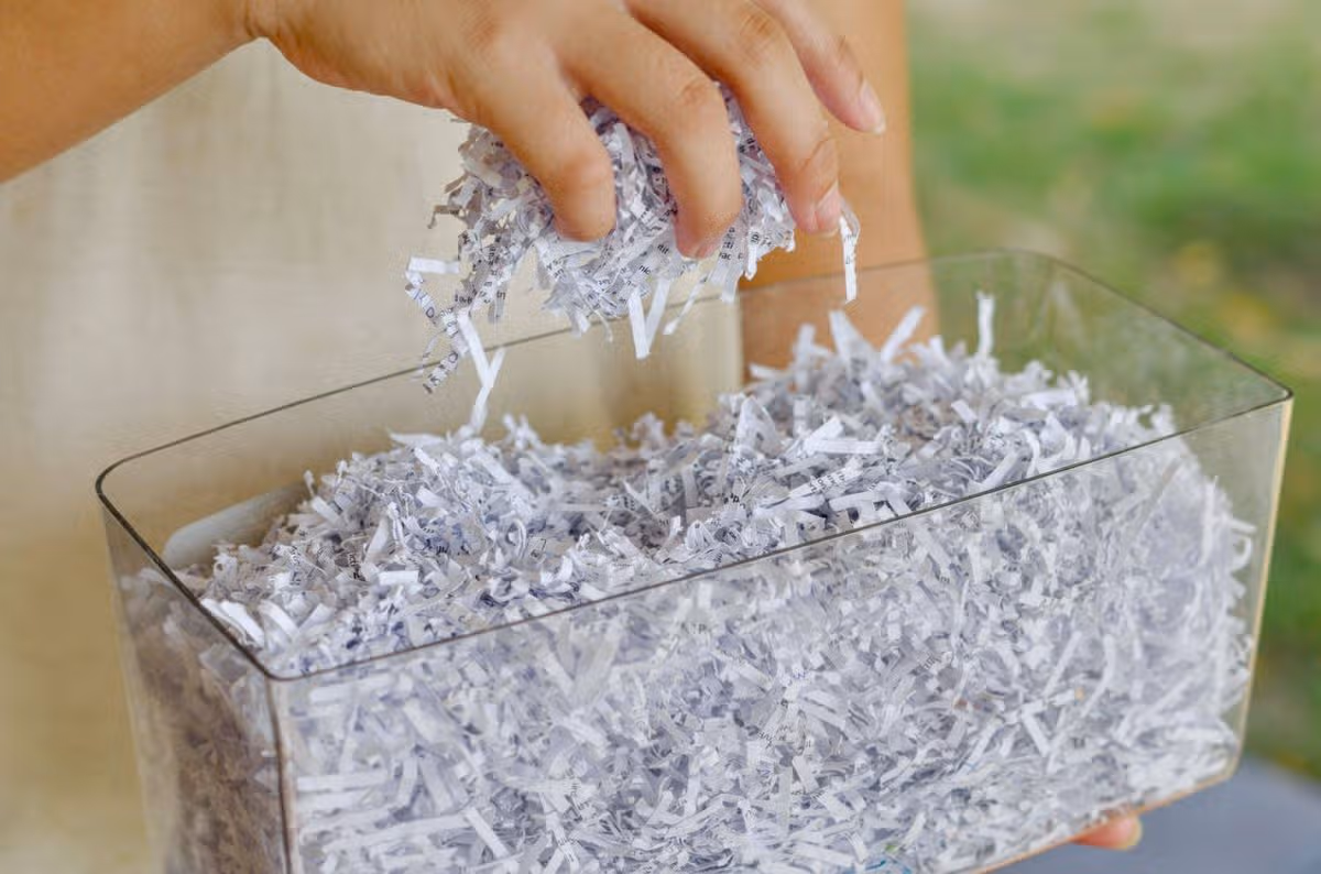 Hand Displaying Shredded Paper in Transparent Container