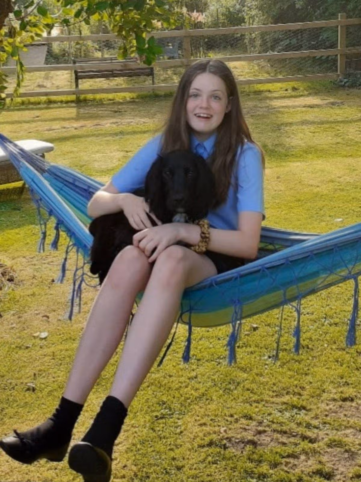 An individual dressed in casual attire is seated on a vibrant blue hammock positioned on a well-maintained grassy lawn, accompanied by a dark-colored dog resting on their lap.