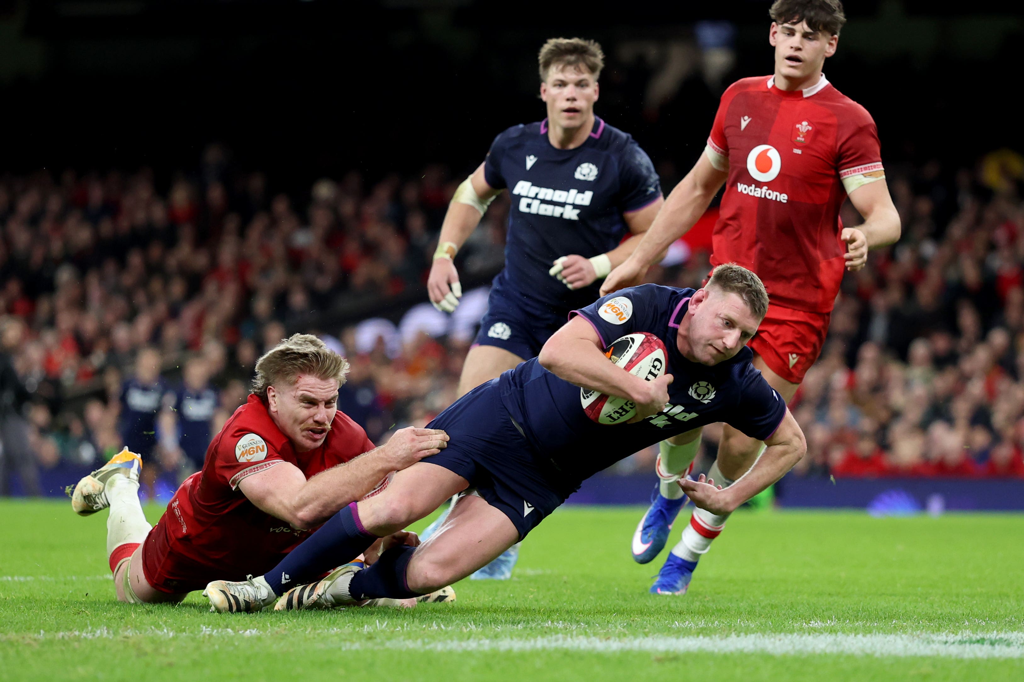 Scotland’s Finn Russell scores a try in their Six Nations victory over Wales