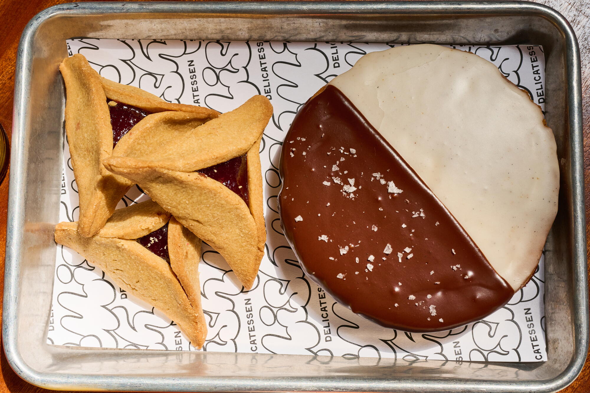 Brown butter hamantaschen and black and white cookies at Mish Delicatessen
