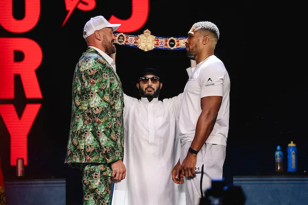 Tyson Fury and Anthony Joshua, with Turki Alalshikh watching on, at last face off in London (September 30, 2026)