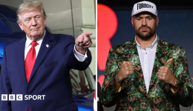 A split picture of US President Donald Trump and British boxer Tyson Fury. Trump is pointing with his index finger while Fury holds up his fists.