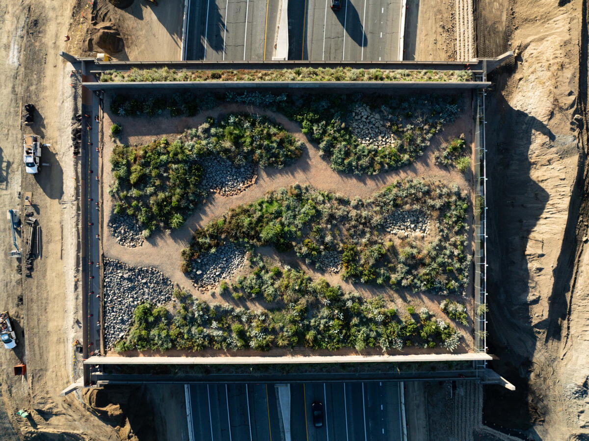 A drone photograph of the Wallis Annenberg Wildlife Crossing in Agoura Hills