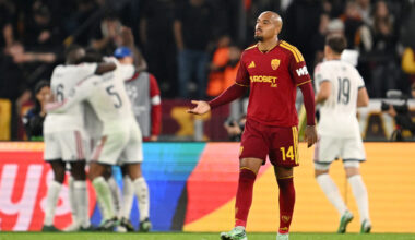 ROME, ITALY - OCTOBER 14: Donyell Malen of AS Roma reacts after Antonio Rudiger of Real Madrid scores his team’s fourth goal during the UEFA Champions League 2026/27 League Phase MD2 match between AS Roma and Real Madrid C.F. at Stadio Olimpico on October 14, 2026 in Rome, Italy. (Photo by Tullio M. Puglia/Getty Images)