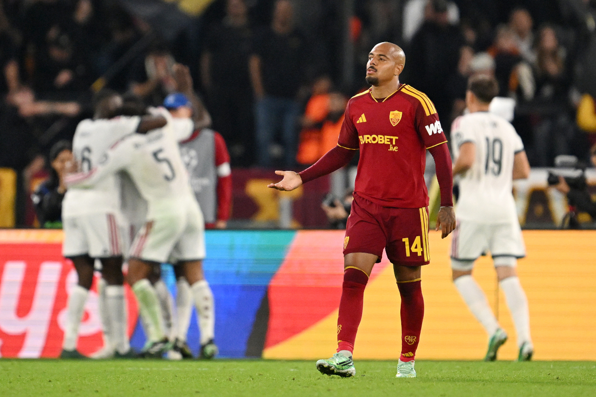 ROME, ITALY - OCTOBER 14: Donyell Malen of AS Roma reacts after Antonio Rudiger of Real Madrid scores his team’s fourth goal during the UEFA Champions League 2026/27 League Phase MD2 match between AS Roma and Real Madrid C.F. at Stadio Olimpico on October 14, 2026 in Rome, Italy. (Photo by Tullio M. Puglia/Getty Images)