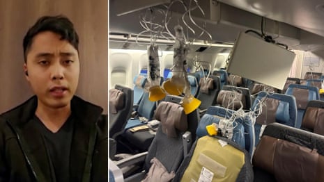 ‘Going completely horizontal’: passengers on Singapore Airlines flight hit by turbulence – video
