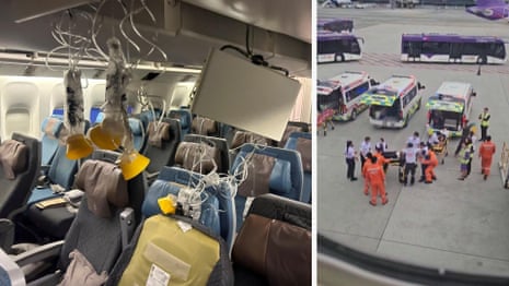 Passengers carried off Singapore Airlines plane after severe turbulence – video report