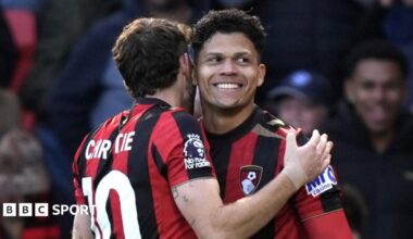 Bournemouth striker Evanilson celebrates scoring Bournemouth's second goal of the game