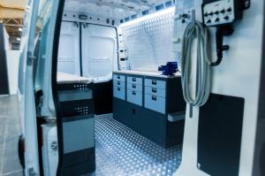 An interior view of a customised commercial utility van.
