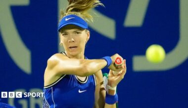 Katie Boulter hits the ball during her win against Himeno Sakatsume at the Japan Open