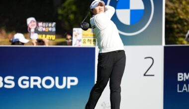 Ryu Hae-ran of Korea tees off on the second hole during the first round of the BMW Ladies Championship on the LPGA Tour at Pine Beach Golf Links in Haenam, Jeonnam-Gwangju, thursday. Courtesy of BMW Ladies Championship organizing committee.