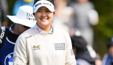 Ryu Hae-ran of South Korea smiles on the second tee during the second round of the BMW Ladies Championship on the LPGA Tour at Pine Beach Golf Links in Haenam, Jeonnam-Gwangju, Friday. Couortesy of BMW Ladies Championship