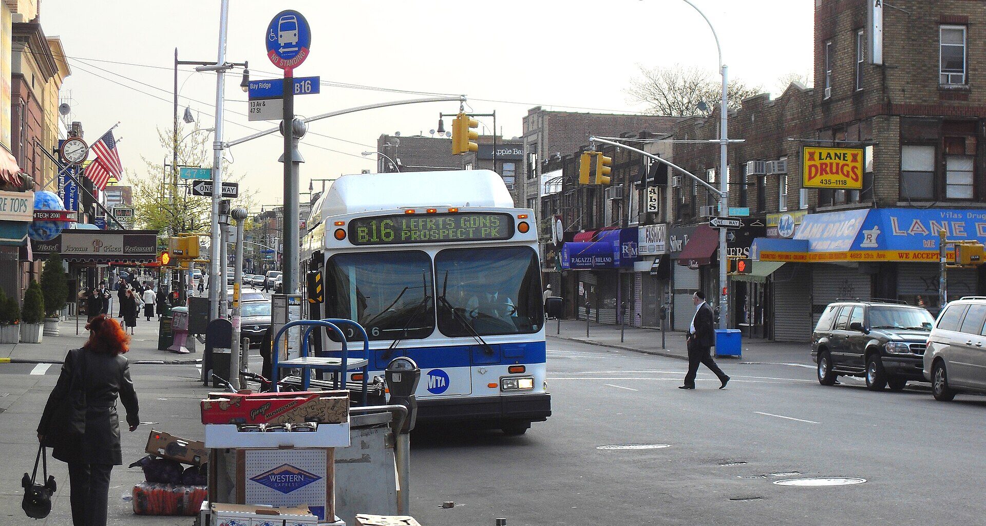 13th Avenue shops and bus in Boro Park, Brooklyn