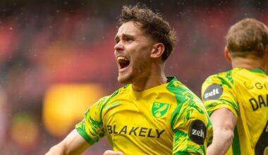 Mathias Kvistgaarden of Norwich City celebrates scoring his team's second goal