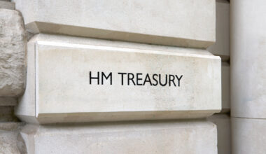 Treasury Department building with government bonds signage, representing financial management and bond issuance responsibi...