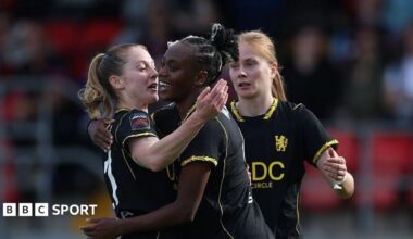 Melvine Malard (centre) celebrates scoring for Chelsea against West Ham in the Women's Super League
