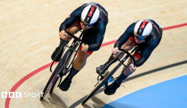 Sophie Capewell and Emma Finucane of Team Great Britain compete during the Women's Team Sprint Final in Paris 2024