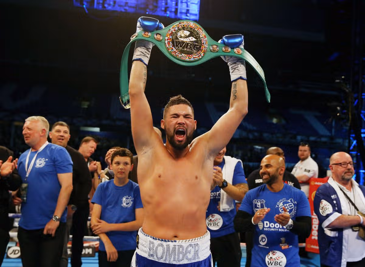 Tony Bellew celebrates beating Ilunga Makabu in the WBC Cruiserweight World Championship bout in 2016