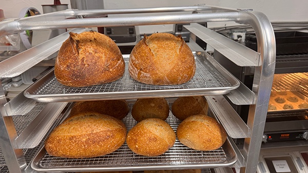 Fresh sourdough loaves on a rack at Loaforia Bakery