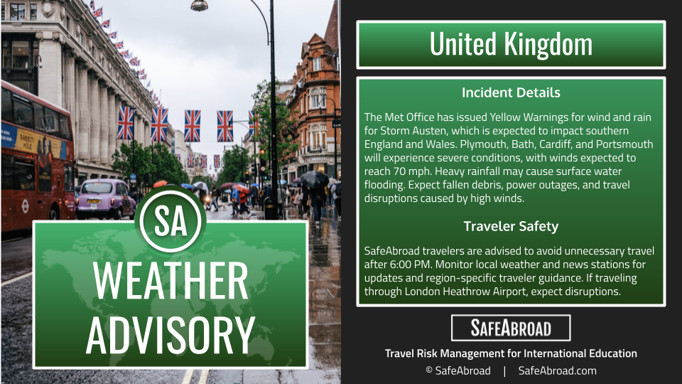 Storm Austen will produce heavy rainfall and strong winds from October 22-23 across the United Kingdom; expect travel delays.