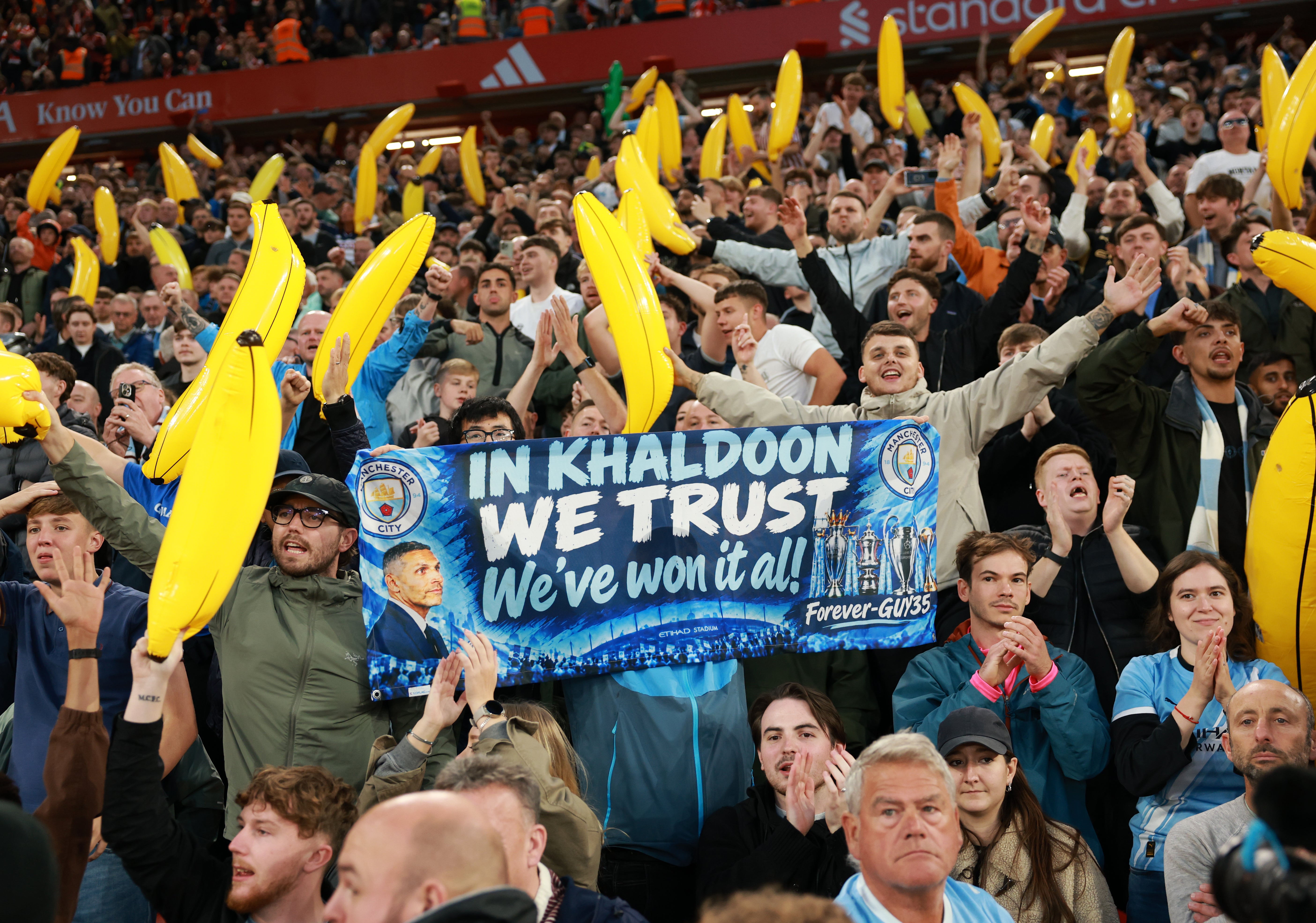 Man City fans show their support of club chair Khaldoon Al Mubarak amid the uncertainty over the club’s appeal and possible sanctions