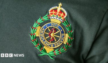 Close-up of a North East Ambulance Service badge embroidered on a dark green uniform. The NHS Ambulance Service crest is in the middle of the image. It is topped with a yellow and red crown, has a red snake in the middle and has a wreath with red berries encircling it.