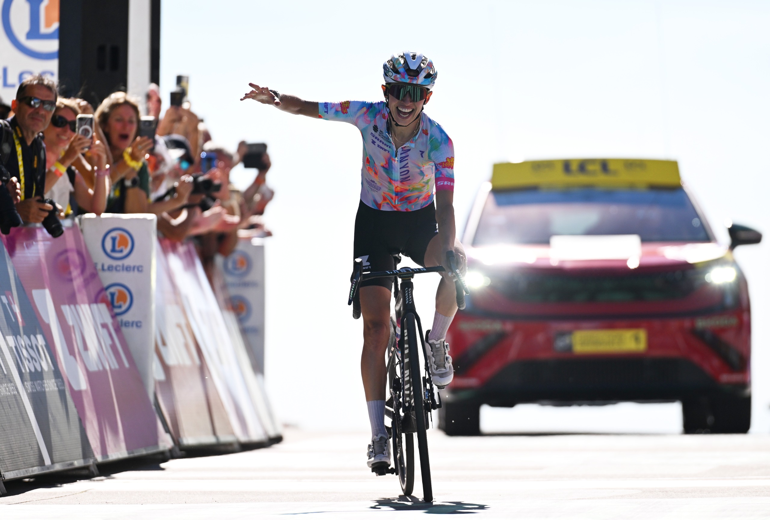 Kasia Niewiadoma-Phinney of Poland and Team Canyon//SRAM Racing celebrates at finish line as stage winner at Tour de France Femmes 2026 on stage 7 to Mont Ventoux