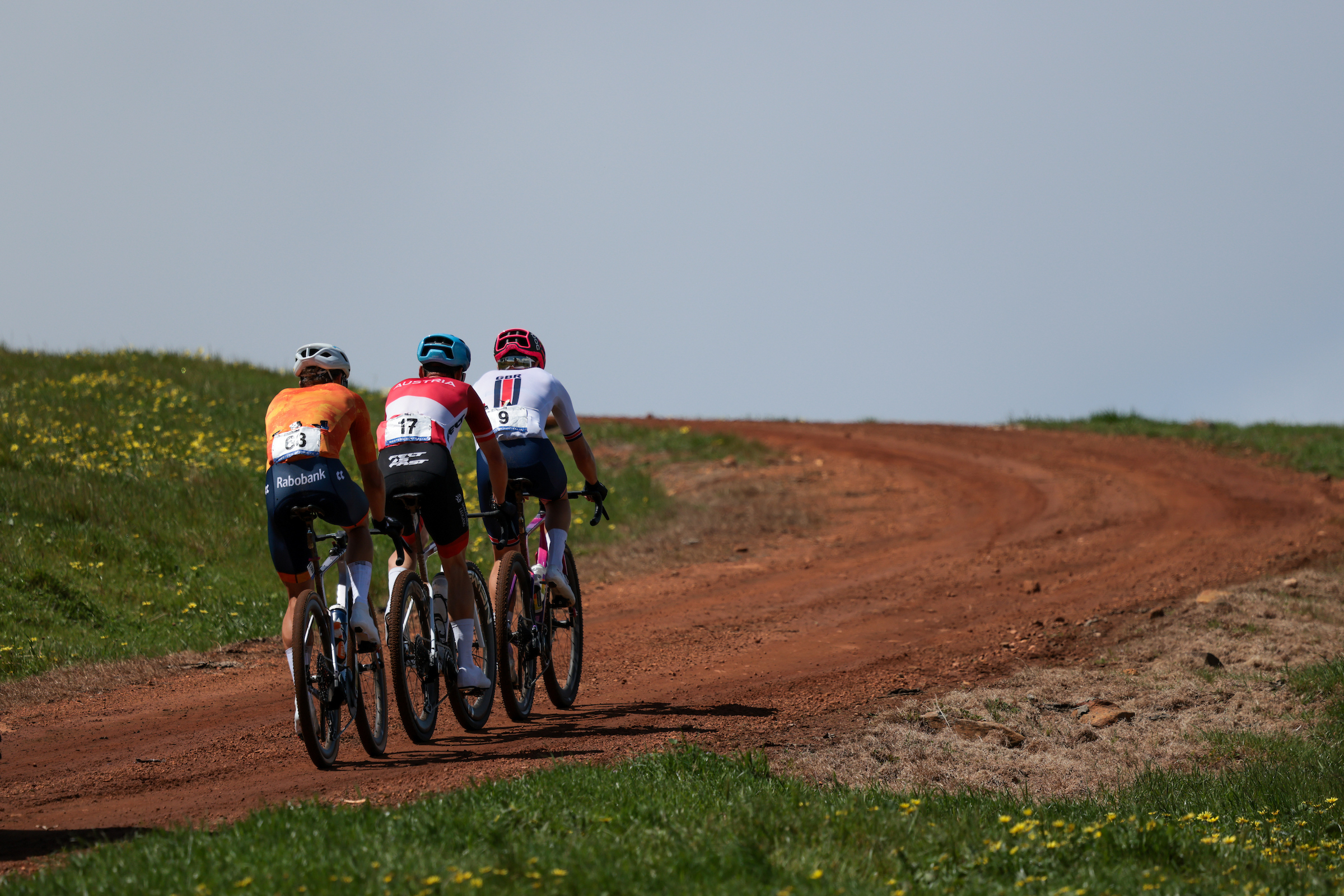 Picture by James Raison/SWpix.com - 11/10/2026 - Cycling - 2026 UCI Gravel World Championships - Nannup, Western Australia, Australia - Men&rsquo;s Elite - Lukas P&ouml;stlberger (Austria), Peter Schulting (Netherlands), Jenson Young (Great Britain)