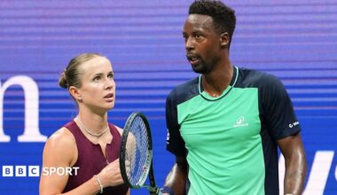 Elina Svitolina and Gael Monfils talk during while playing mixed doubles together at this year's US Open
