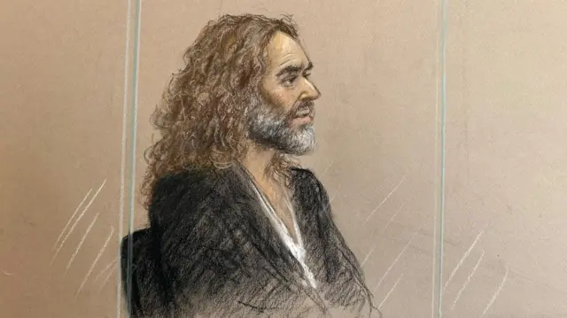 Sketch of Russell Brand in court
