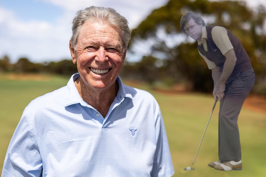 An archival image of champion golfer Graham Marsh overlayed on a fresh portrait of him.
