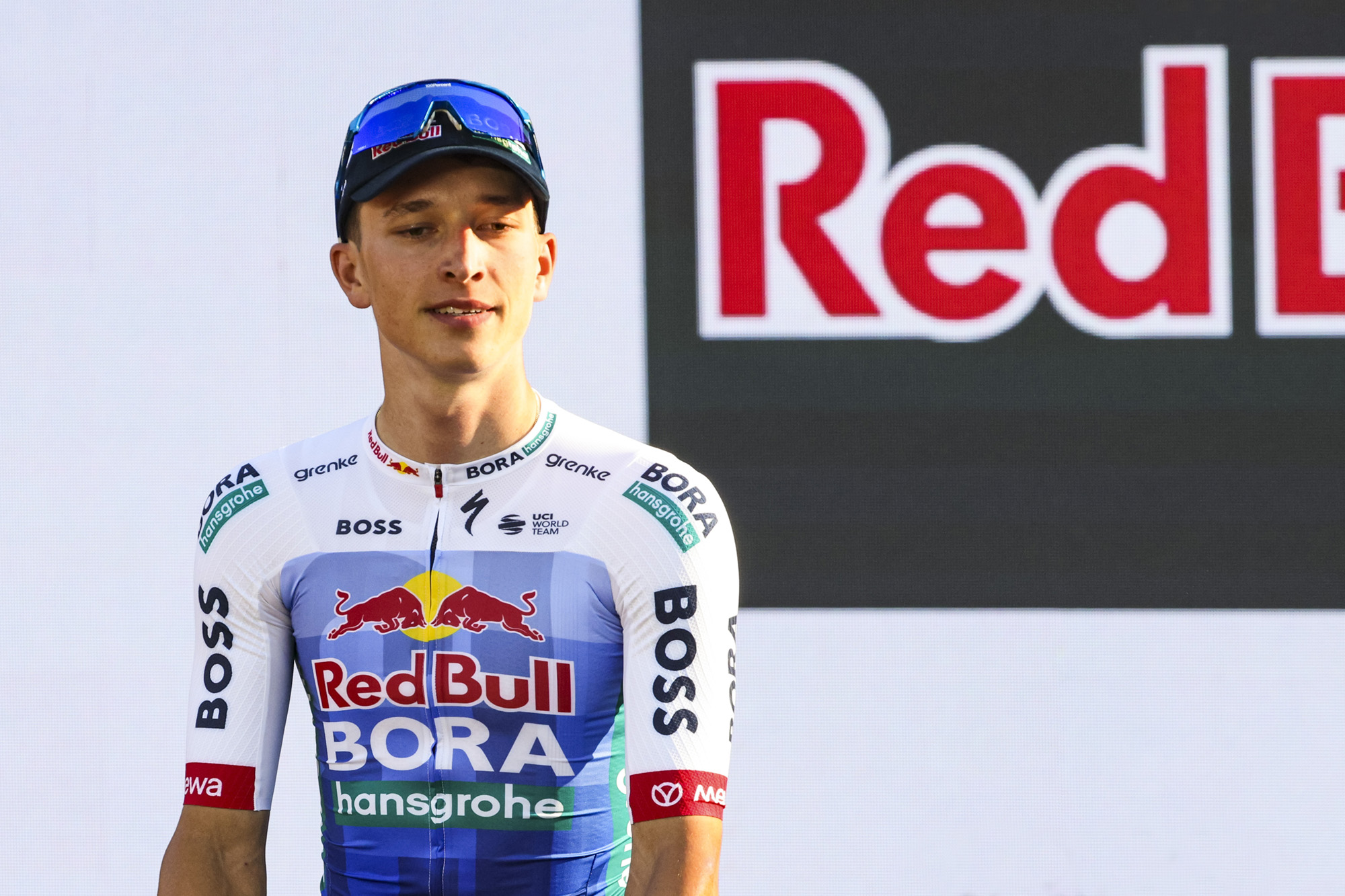 Florian Lipowitz on stage at the Tour de France 2026 team presentation in Barcelona