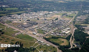 Aerial shot of the Atomic Weapons Establishment at Aldermaston Set in the Berkshire countryside - a factory style setting