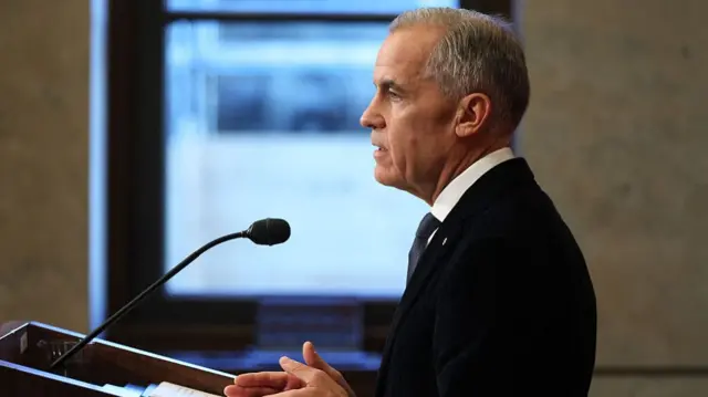 Canadian Prime Minister Mark Carney gestures with his hands while speaking into a microphone at a lecturn. Carney, who is facing side on with the camera, has short grey hair and wears a black suit with a white shirt and black tie