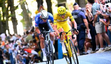 PARIS, FRANCE - JULY 26: (L-R) Mathieu van der Poel of Netherlands and Team Alpecin-Premier Tech and Tadej Pogacar of Slovenia and UAE Team Emirates - XRG - Yellow Leader Jersey compete in the breakaway during the 113th Tour de France 2026, Stage 21 a 89km stage from Paris to Paris / #UCIWT / on July 26, 2026 in Paris, France. (Photo by Etienne Garnier - Pool/Getty Images)
