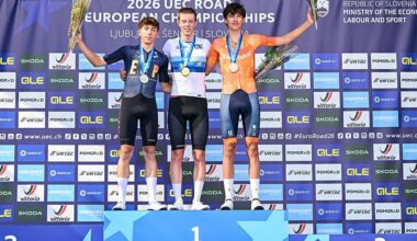 Norway's Elias Dybing tops the podium after winning the Men juniors Road Race at the 2026 UEC Road European Championships, in Slovenia. Photo by DAVID PINTENS / BELGA MAG / Belga / AFP via Getty Images)