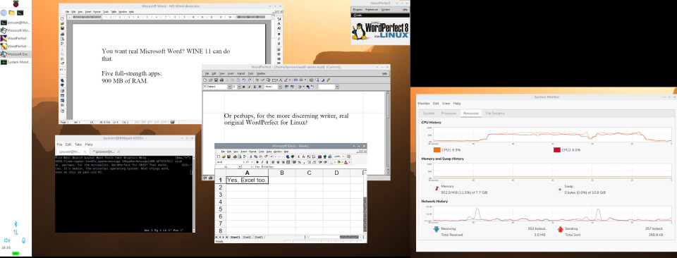 PiOS PC 6.3 in dual-head mode, with five apps running at once – in 900 MB of RAM