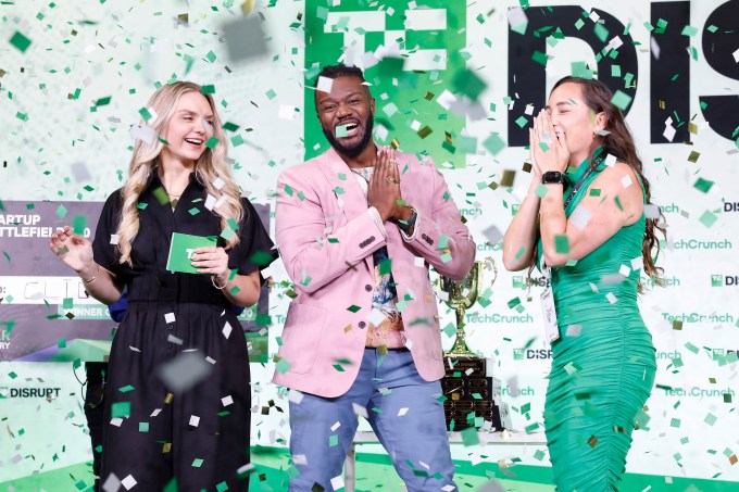 Kevin A. Damoa, Founder & CEO, Glīd, Claire Kroft and Ankit Malhotra, winners of the Startup Battlefield 2025, pose onstage during day three of TechCrunch Disrupt 2025 at Moscone Center on October 29, 2025 in San Francisco, California.