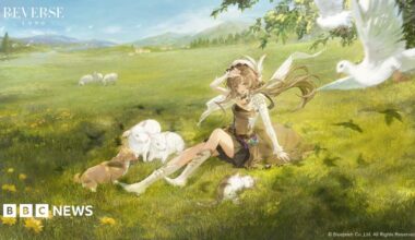 A video game anime character sits on a field surrounded by lambs with a bird swooping down.