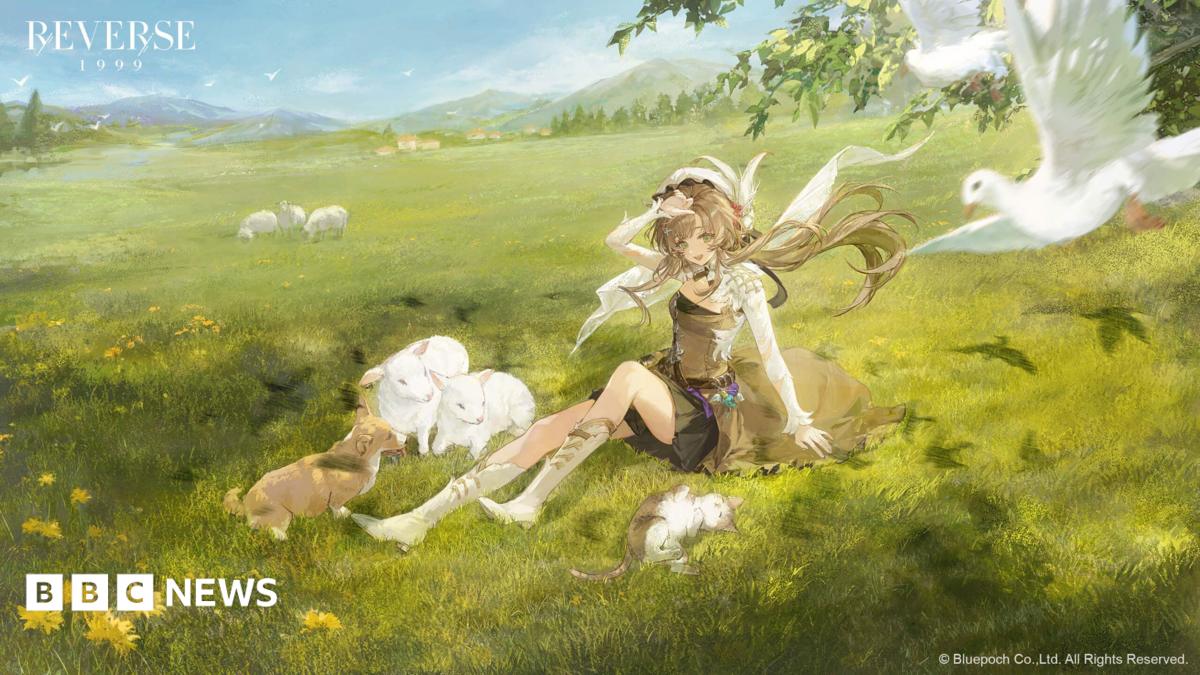 A video game anime character sits on a field surrounded by lambs with a bird swooping down.
