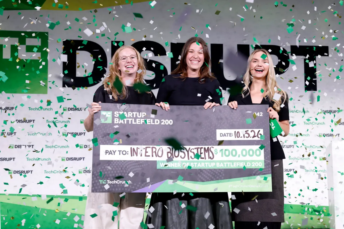 SAN FRANCISCO, CALIFORNIA - OCTOBER 15: (L-R) Madeline Eiken, CTO/COO & co-founder, Intero Biosystems, and Charlie Childs, CEO & co-founder, Intero Biosystems, accept the Startup Battlefield 2026 award from Isabelle Johannessen, Head of the Startup Battlefield Program, TechCrunch, during TechCrunch Disrupt 2026 at Moscone Center on October 15, 2026 in San Francisco, California. (Photo by Kimberly White/Getty Images for TechCrunch)