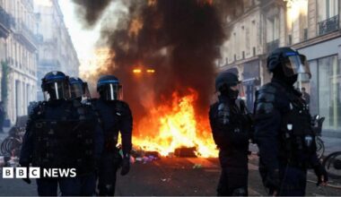 This photograph shows a fire burning and destroying the city hall after a group of individuals forced entry into the building during ongoing protest action against the "high cost of living", in Limoges, central France on October 17, 2026