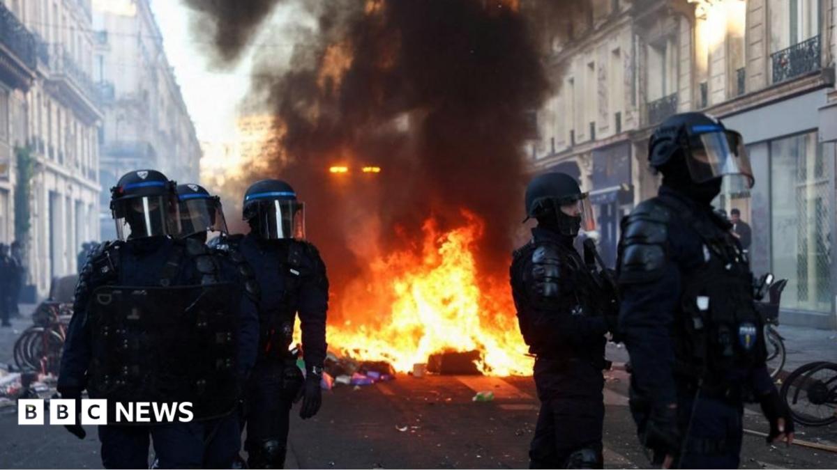 This photograph shows a fire burning and destroying the city hall after a group of individuals forced entry into the building during ongoing protest action against the "high cost of living", in Limoges, central France on October 17, 2026