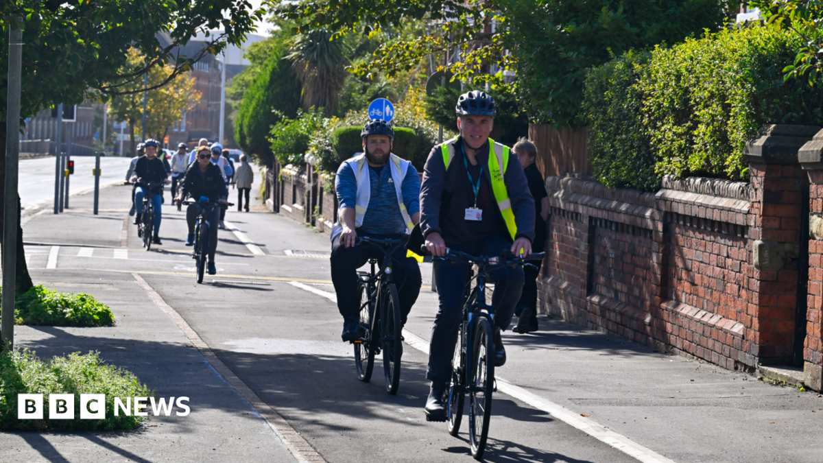Cyclists with helmets travel along the new cycle lane. A few pedestrians are walking on the pavement next to it. The carriageway of Abbey Road is next to the cycle lane. The area is urban but not crowded. In the distance there are larger red brick buildings on the left. In the foreground, on the right, ornate and well maintained brick walls stand in front of manicured hedgerows.