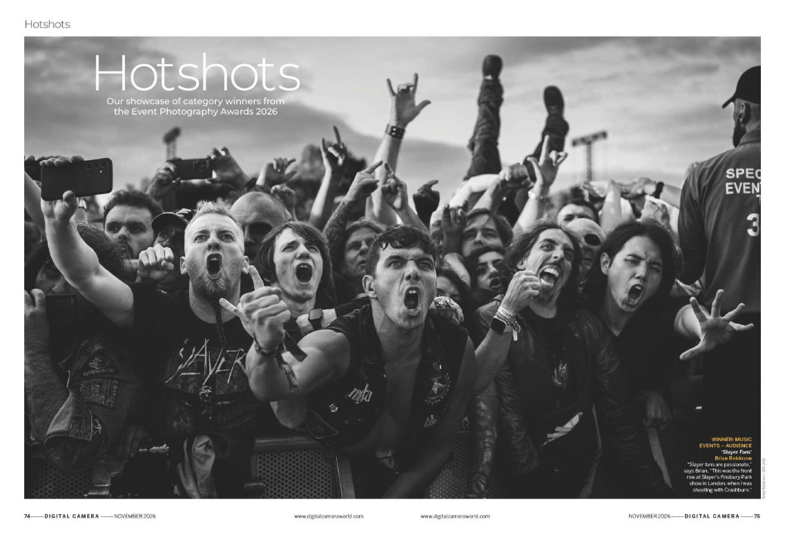 Image showing the first two pages of the Hotshots gallery in issue 313 (November 2026) of Digital Camera magazine, showcasing category winners from the Event Photography Awards 2026