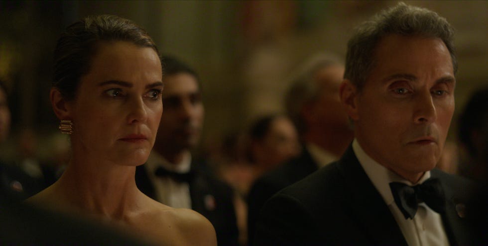 the diplomat l to r keri russell as kate wyler, rufus sewell as hal wyler in episode 408 of the diplomat cr courtesy of netflix © 2026