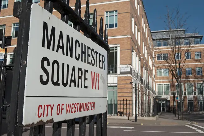 Manchester Square in Marylebone, with the former EMI offices in the background
